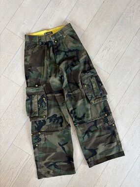 VTG Y2K Kik Ri Machine Camo Cargo Pants Baggy Wide Leg Rave Skater JNCO